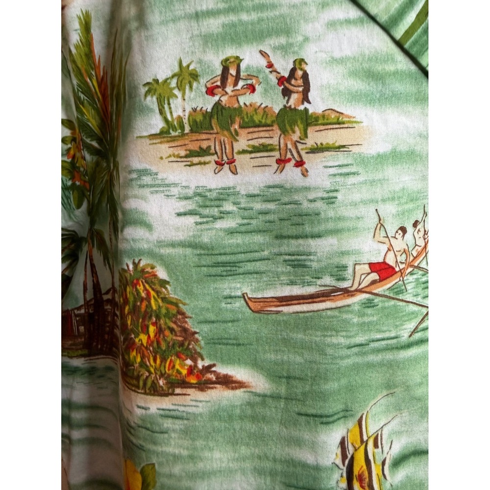 RJC Hawaiian Shirt Mens Medium Green Scenic Hula Canoe Made in Hawaii USA - Picture 7 of 9